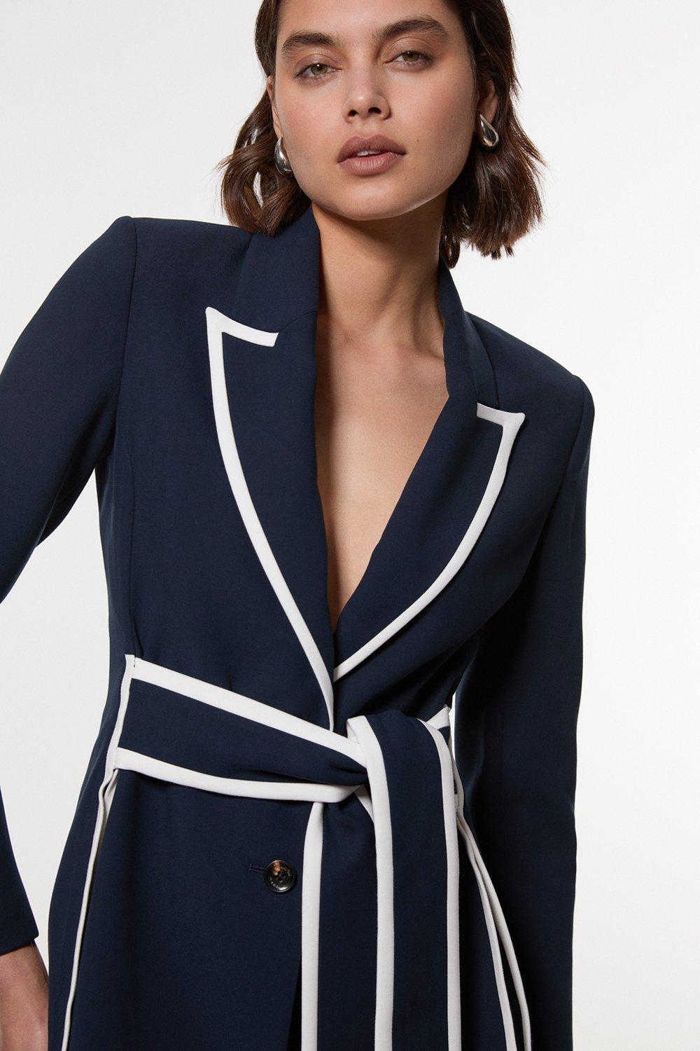 Compact Stretch Tailored Belted Tipped Detail Blazer - Navy