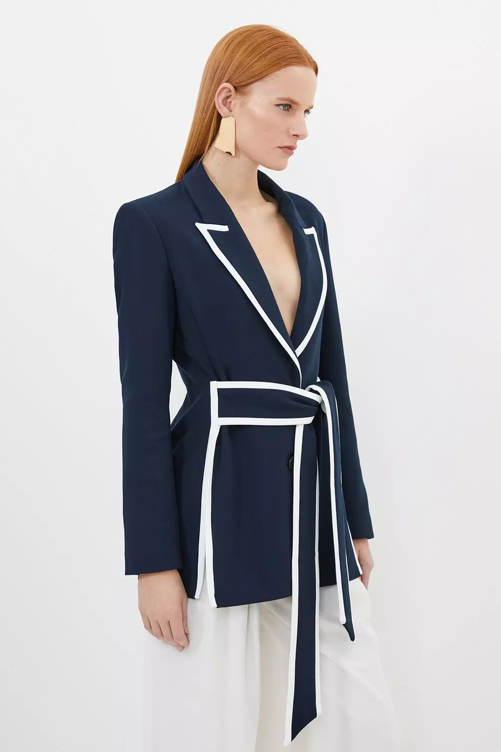 Compact Stretch Tailored Belted Tipped Detail Blazer | Karen Millen