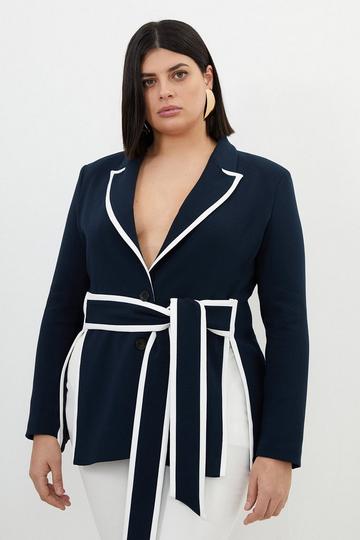 Plus Size Compact Stretch Tailored Belted Tipped Blazer navy