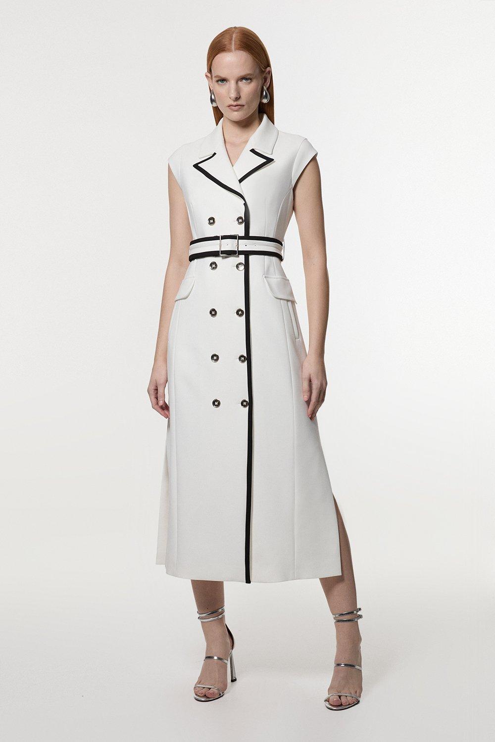 Compact Stretch Double Breasted Belted Tipped Tailored Midi Dress - Ivory