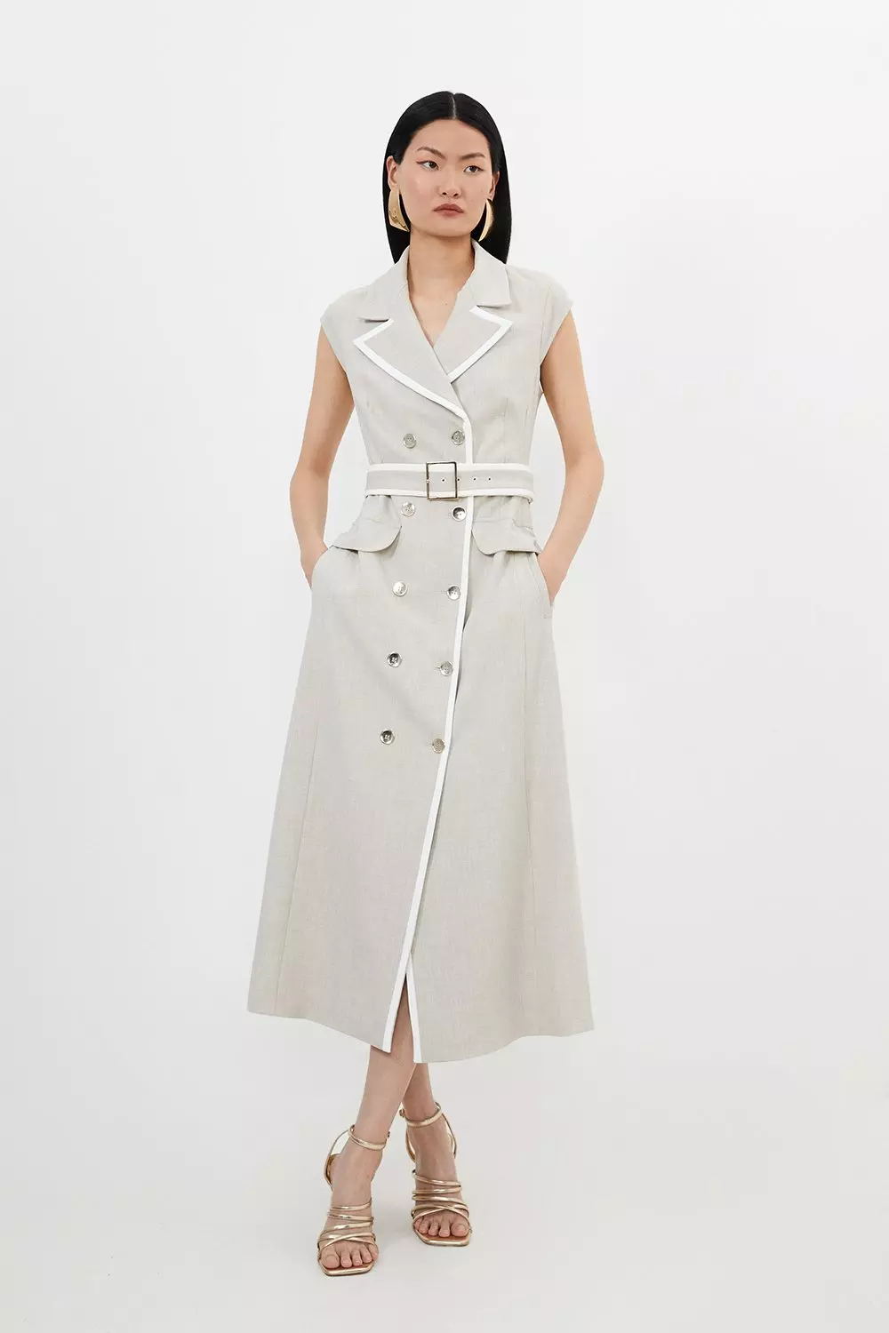 Melange Double Breasted Belted Tipped Tailored Midi Dress | Karen Millen