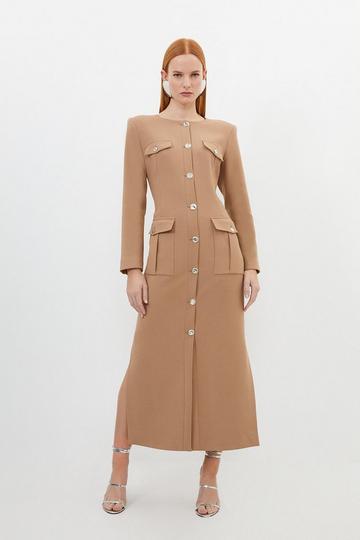 Tailored Compact Stretch Button Through Midi Dress camel
