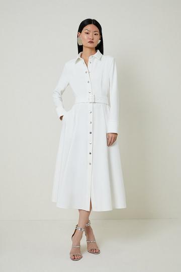 Ivory White Tailored Compact Stretch Belted Shirt Dress