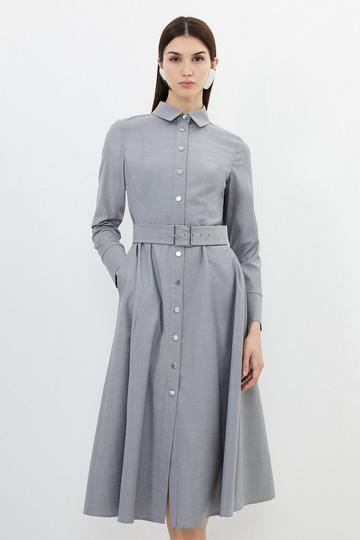 Grey Tailored Wool Blend Belted Shirt Dress