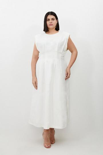 White Plus Size Viscose Linen Woven Pintuck Midi Dress
