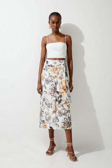 Multi Spring Floral Viscose Linen Woven Tie Wrap Midi Skirt