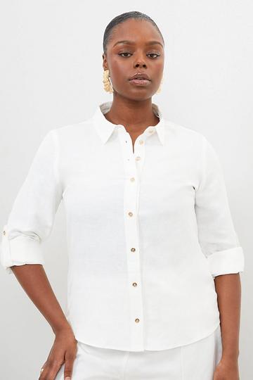White Plus Size Viscose Linen Woven Button Detail Shirt