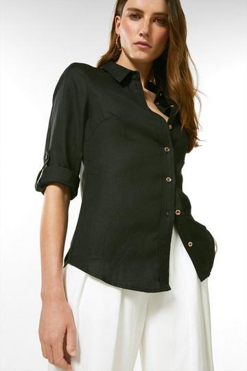 Black Viscose Linen Woven Button Detail Shirt