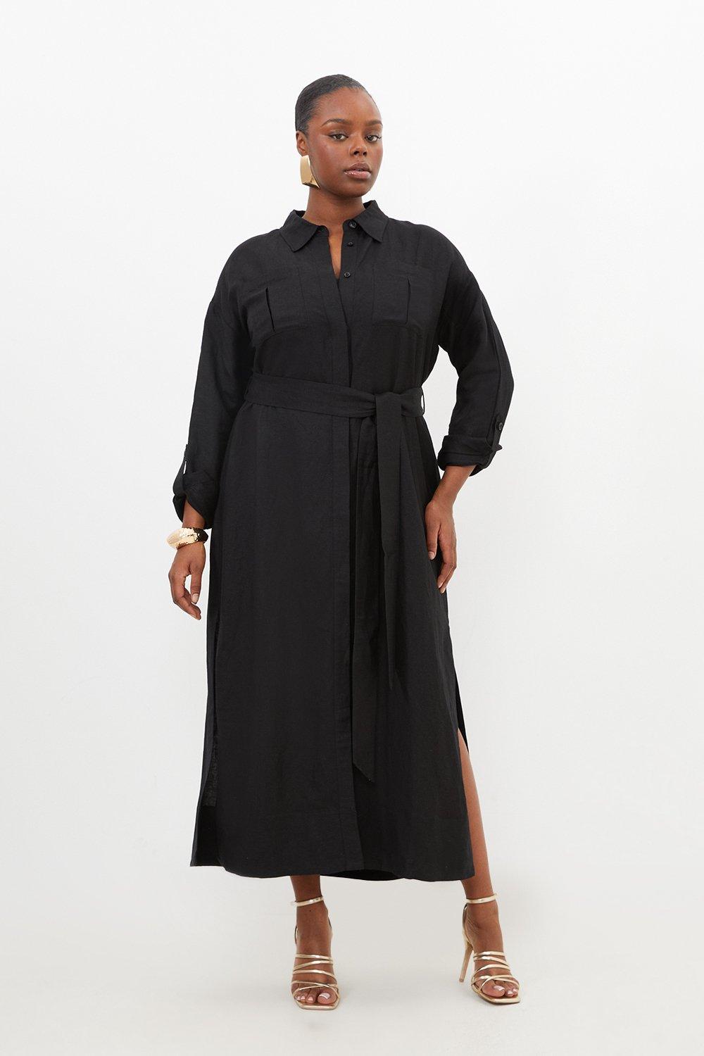 Plus Size Viscose Linen Woven Tie Maxi Shirt Dress