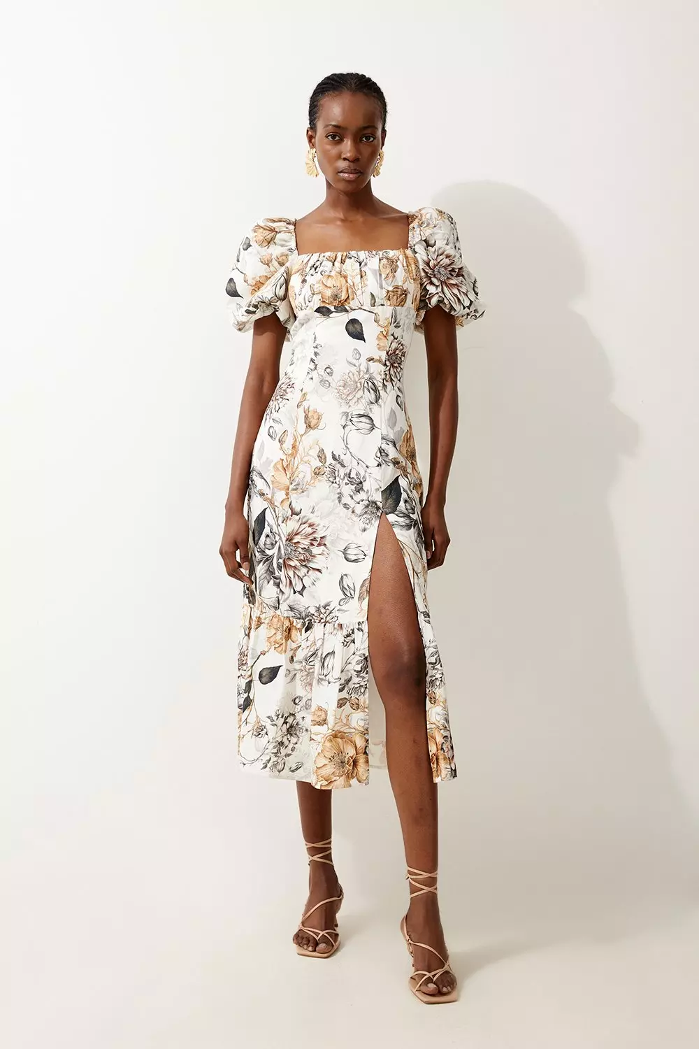 Plus Woven Floral Puff Sleeve Midi Dress