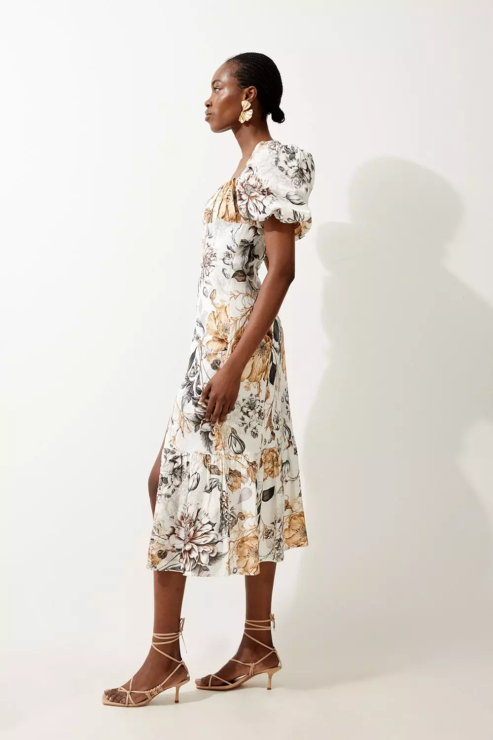 Spring Floral Viscose Linen Woven Puff Sleeve Midi Dress