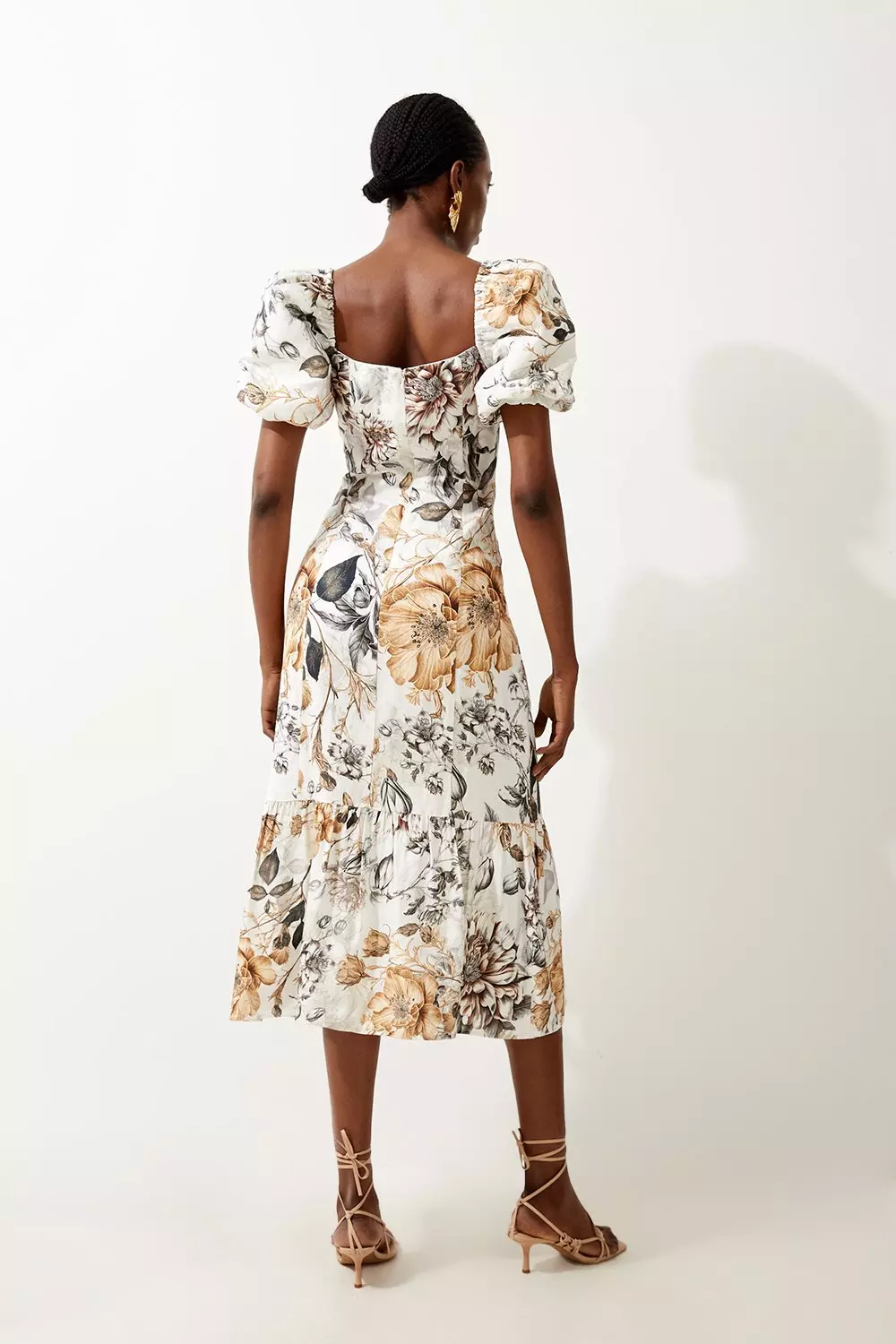 Spring Floral Viscose Linen Woven Puff Sleeve Midi Dress | Karen Millen