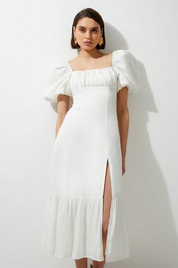Ivory White Viscose Linen Woven Puff Sleeve Midi Dress