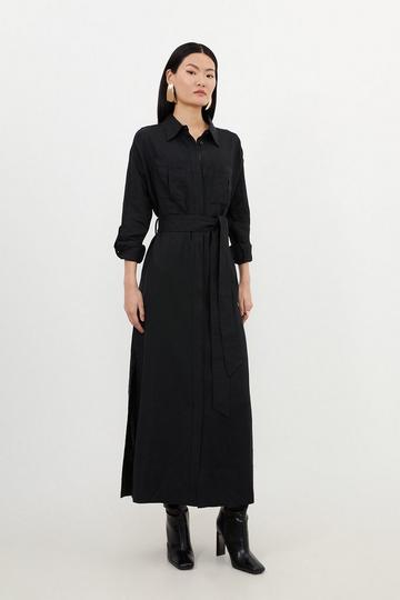 Viscose Linen Woven Tie Maxi Shirt Dress black