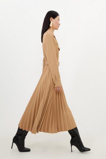 Tailored Crepe Belted Pleated Skirt Midi Shirt Dress camel