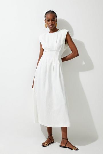 White Petite Viscose Linen Woven Pintuck Midi Dress