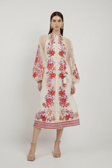 Floral Placed Embroidery Organdie Woven Midi Dress blush