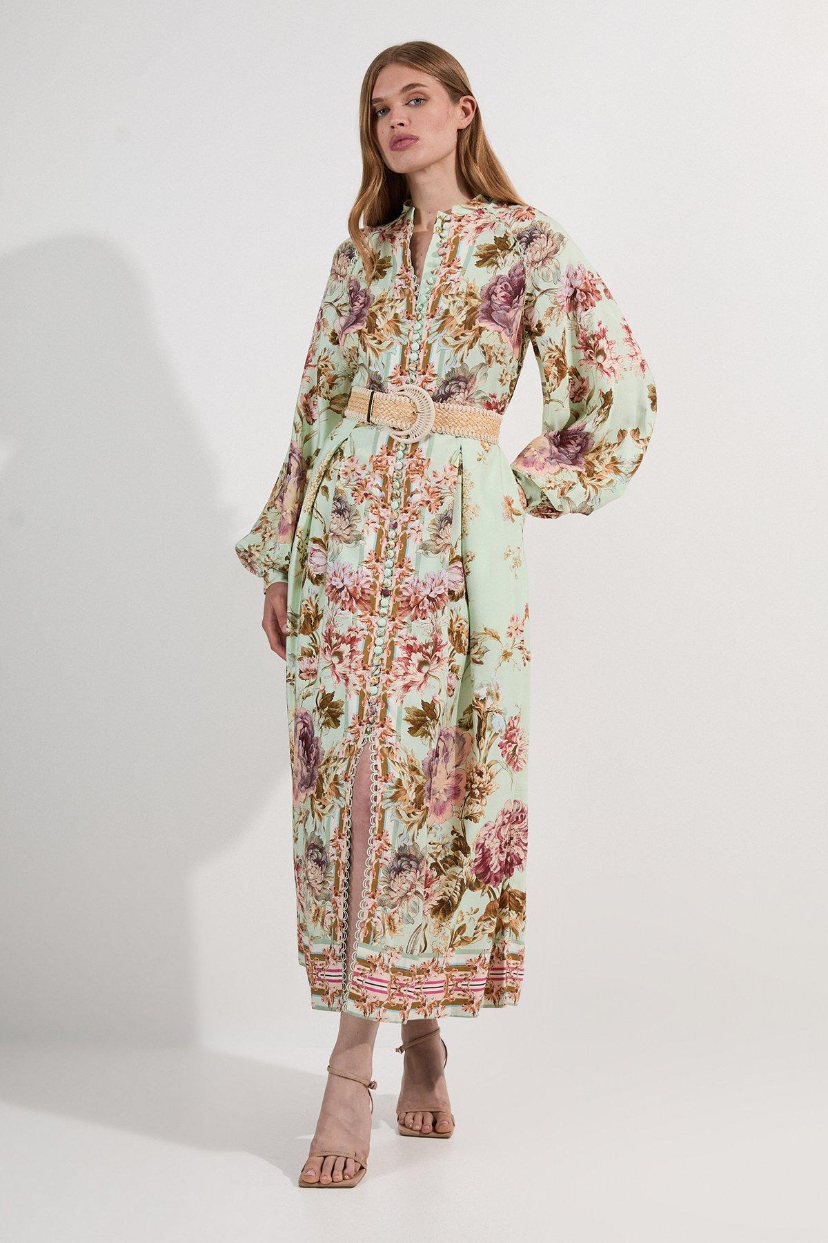 Floral Placed Embroidery Organdie Woven Midi Dress - Sage