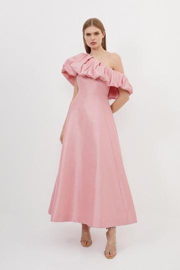 Pink Metallic Taffeta One Shoulder Ruffle Full Skirt Maxi Dress