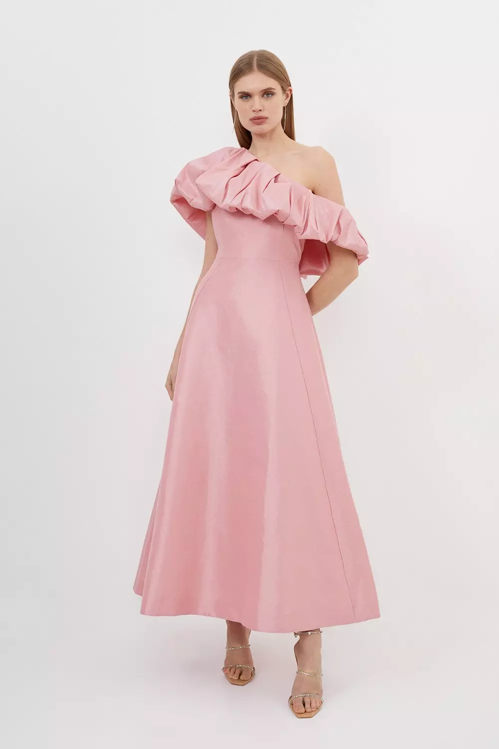 Metallic Taffeta One Shoulder Ruffle Full Skirt Tailored Maxi Dress