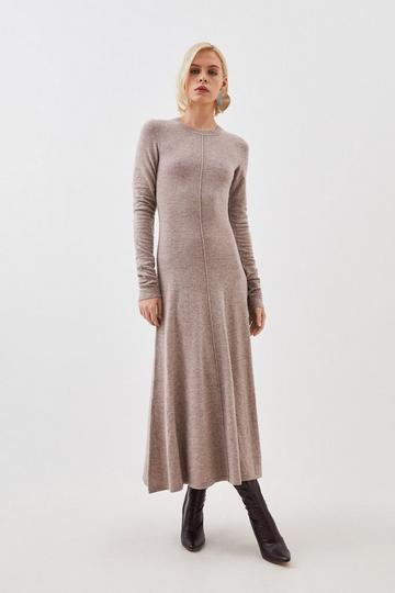 Cashmere Wool Crew Neck Ruched Sleeve Midi Dress taupe