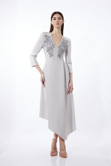 Grey Bandage Form Fitting Asymmetric Embellished Knit Dress