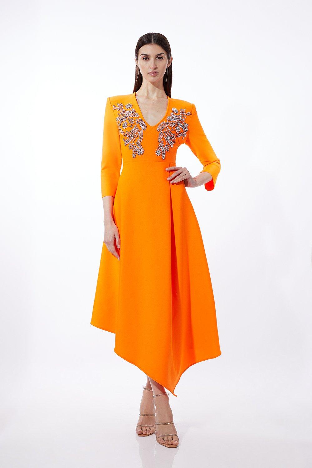 Bandage Form Fitting Asymmetric Embellished Knit Dress - Orange