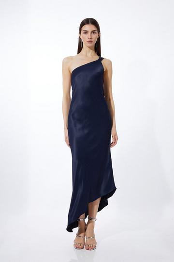 Navy Satin Back Crepe Tailored One Shoulder Chain Detail Asymmetric Midaxi Dress