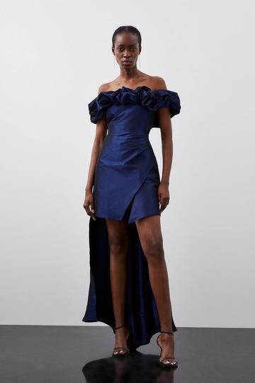 Blue Metallic Off Shoulder High Low Tailored Mini Dress