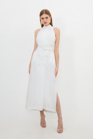 Ivory White Premium Tailored Linen Double Breasted Belted Midi Dress