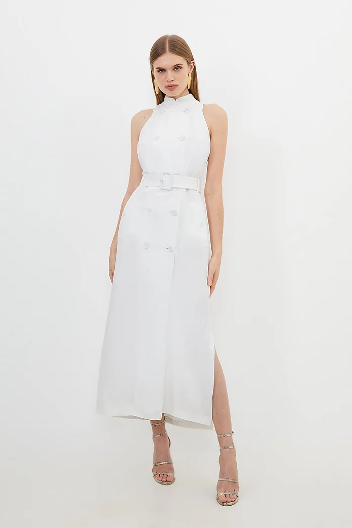 Premium Tailored Linen Double Breasted Belted Midi Dress | Karen Millen