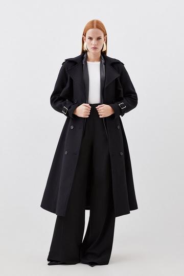 Black Italian Wool Blend Tailored Belted Trench Coat