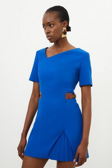 Cobalt Blue Petite Tailored Crepe Asymmetric Neckline Pleated Midi Dress
