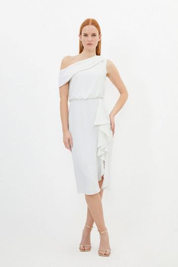 Ivory White Premium Crepe Asymmetric Neck Drape Detail Midi Dress