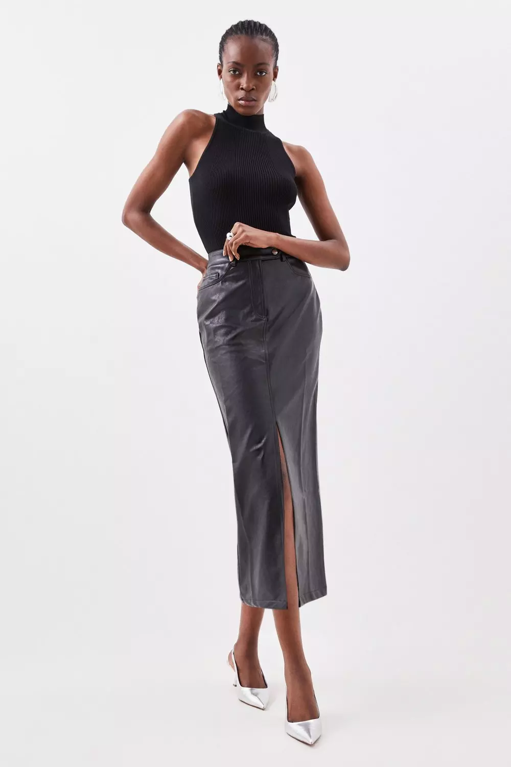 Petite Faux Leather Pencil Midaxi Skirt | Karen Millen