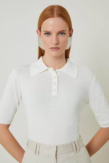 Cream White Cotton Blend Half Sleeve Polo Neck Knit Top