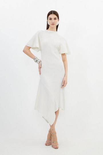 Cream White Cotton Blend Angel Sleeve Asymmetric Hem Knit Dress
