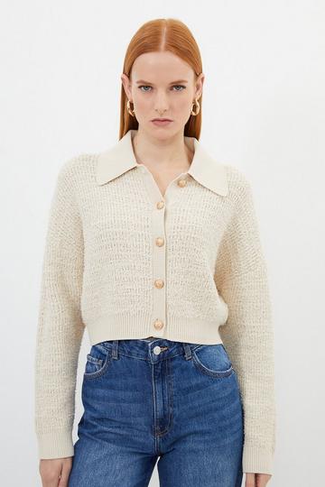 Textured Knit Cotton Blend Collar Jacket coconut