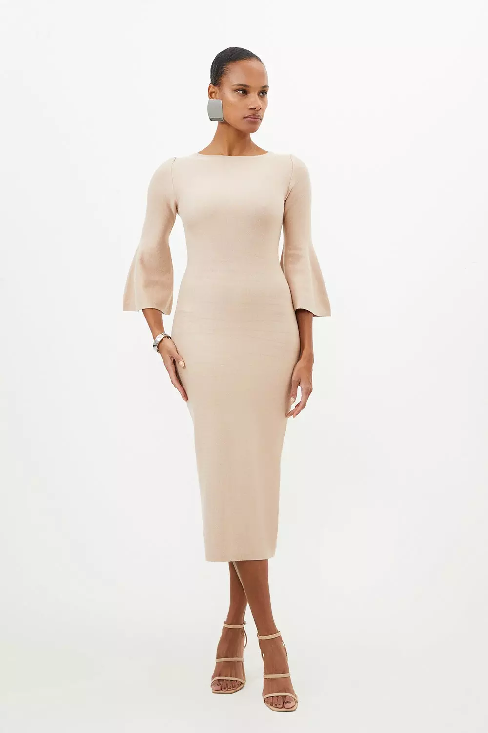 Petite Compact Wool Look Knit Midi Dress With Fluted Sleeve | Karen Millen