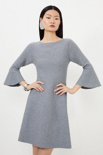 Grey Compact Wool Look Double Faced Skater Dress With Full Sleeve