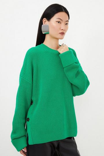 Green Cotton Knit Relaxed Stripe Jumper With Buttoned Splits