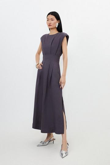 Grey Viscose Linen Woven Pintuck Midi Dress