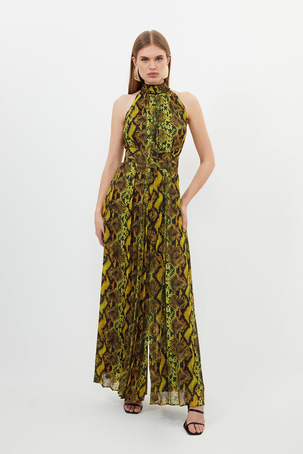 Snake Print Georgette Woven Halter Pleated Jumpsuit | Karen Millen