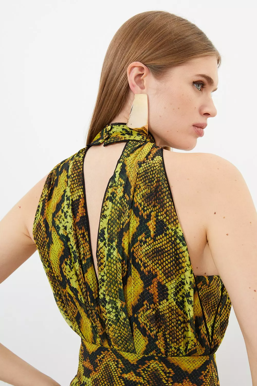 Snake Print Georgette Woven Halter Pleated Jumpsuit | Karen Millen