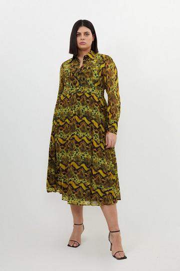 Plus Size Snake Print Georgette Woven Shirt Midi Dress snake