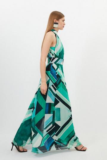 Tall Geo Print Georgette Woven Halter Pleated Maxi Dress green