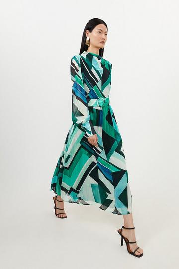 Green Petite Geo Print Georgette Woven Long Sleeve Maxi Dress