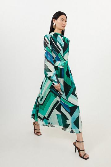 Green Geo Print Georgette Woven Long Sleeve Maxi Dress