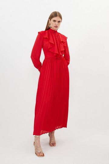 Red Petite Georgette Ruffle Long Sleeve Woven Midi Dress