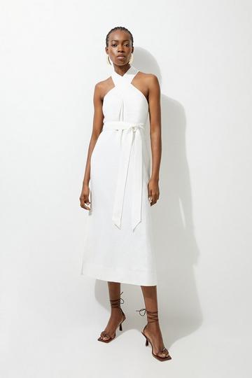 Viscose Linen Woven Cross Neckline Midi Dress white